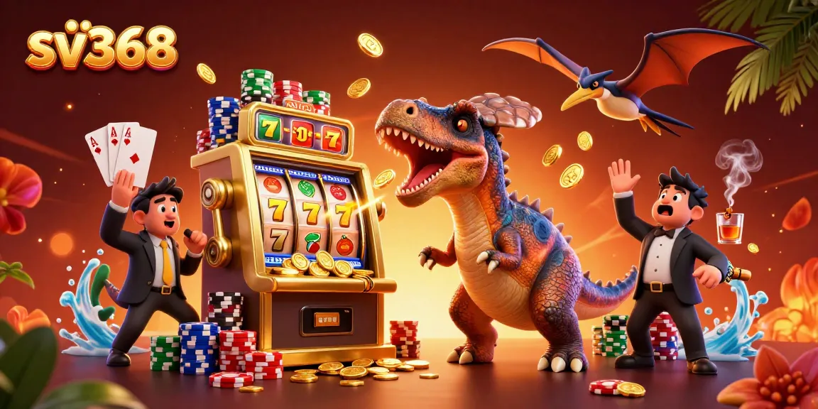 sv368 dazzles as a pachycephalosaurus hits a slot machine jackpot with coins flying everywhere