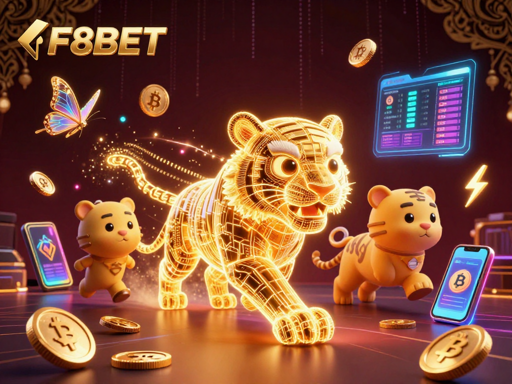 Experience dynamic gaming with F8BET's 3D casino illustration featuring neon elements and cryptocurrency.