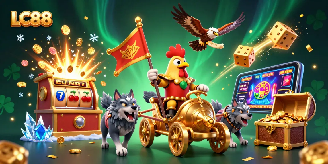 LC88 showcases thrilling gameplay with a rooster warlord in a dynamic casino setting, highlighting excitement.