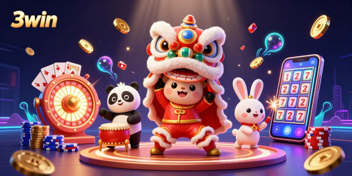 Experience 3win's vibrant online gaming atmosphere with engaging characters and dynamic casino elements.