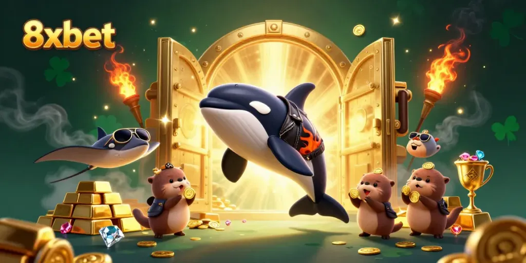 Experience thrilling gameplay at 8xbet, featuring an energetic scene of a casino adventure surrounded by treasure.