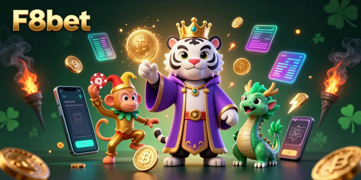Experience excitement at F8bet with a vibrant 3D casino scene featuring a tiger, monkey, and dragon.