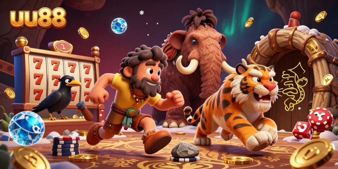 Dynamic scene of prehistoric casino with uu88 characters, casino chips, and slot reels flying around.