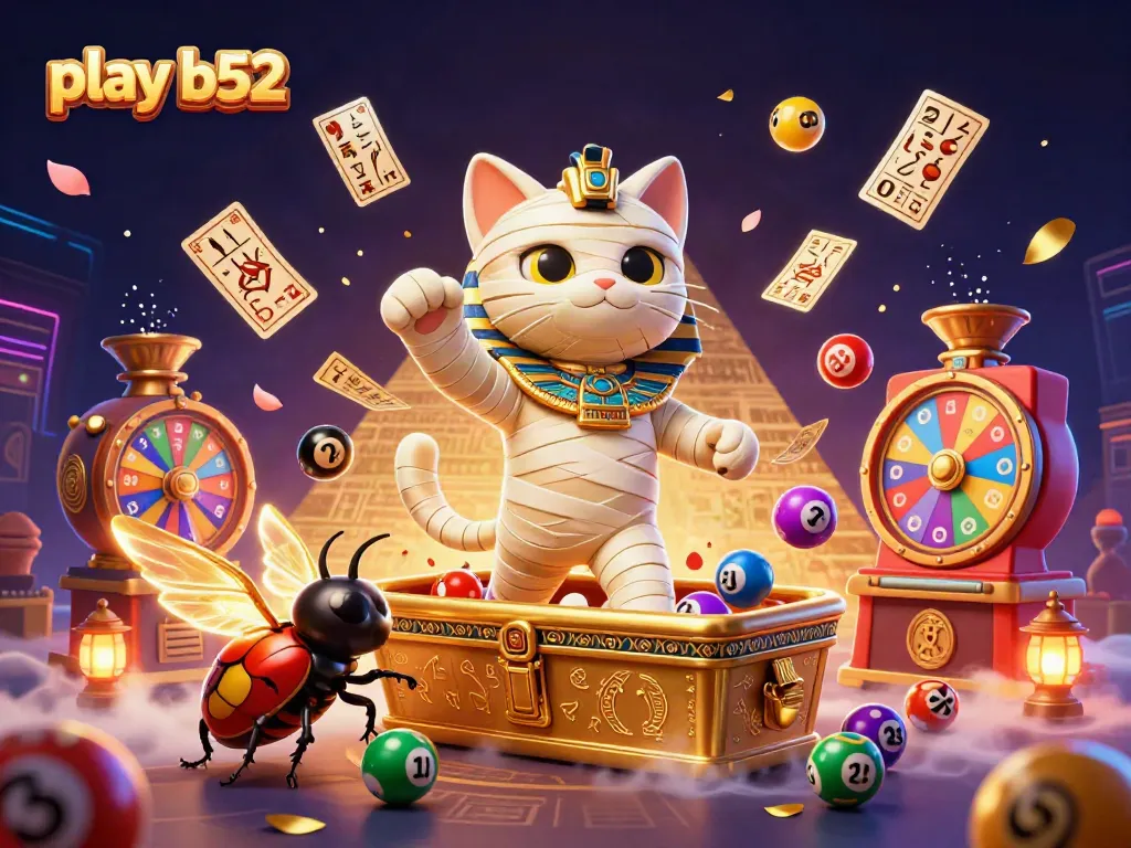 Experience the thrill of play b52 with dynamic casino elements, featuring a mummy cat and scarab beetle.