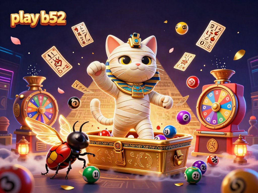 Experience the thrill of play b52 with dynamic casino elements, featuring a mummy cat and scarab beetle.