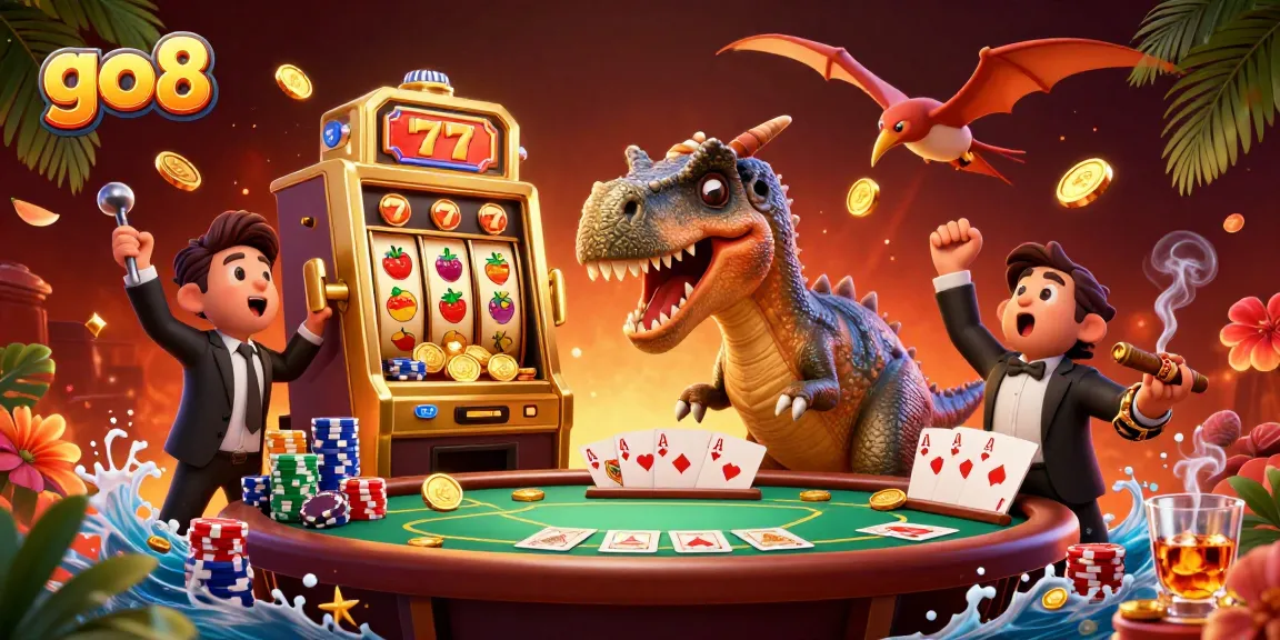 go8 jackpot scene with dinosaur characters celebrating coins and slots in an exciting casino atmosphere