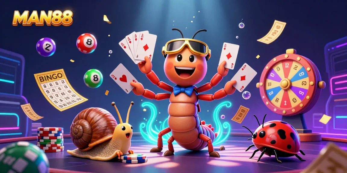Engage with MAN88's vibrant casino scene featuring a millipede dealer and exciting elements.