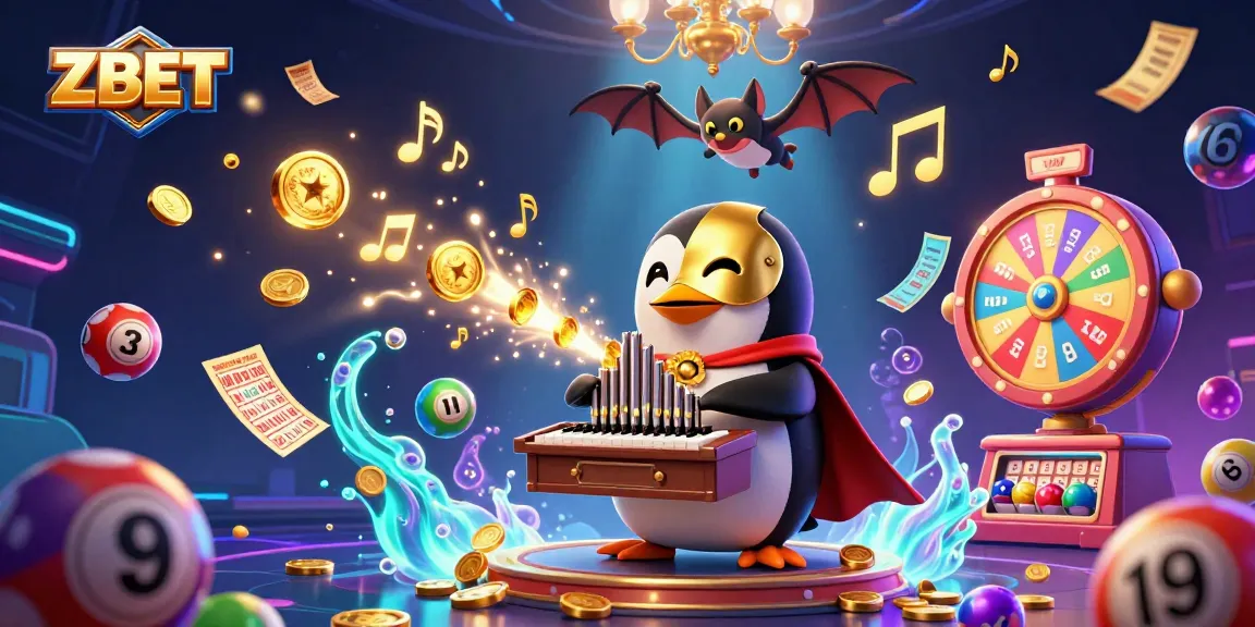 ZBET brings excitement with a 3D penguin playing a pipe organ amidst colorful lottery elements.