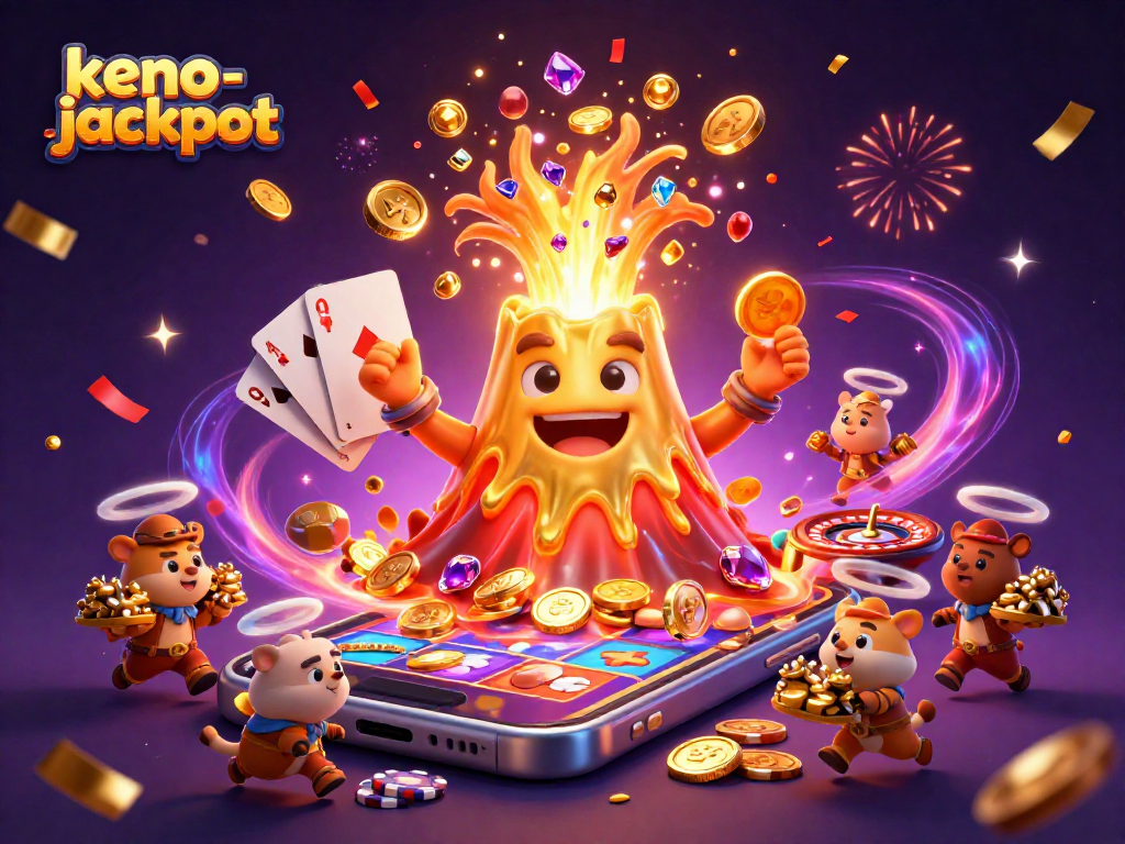 Engage in the excitement of keno-jackpot with animated treasures erupting from a volcano in a vibrant scene.
