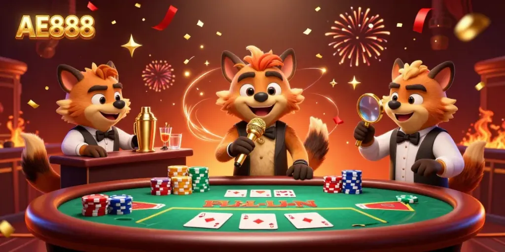 Experience the fun at AE888 casino where hyenas entertain with comedy while players engage at the poker table.
