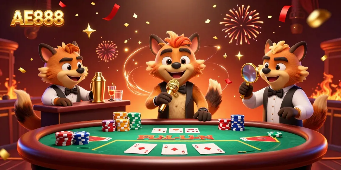 Experience the fun at AE888 casino where hyenas entertain with comedy while players engage at the poker table.