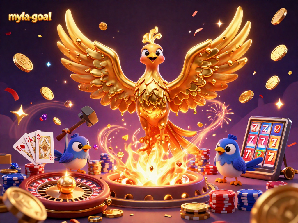 Play and win with myla-goal as golden coins rain down from a majestic phoenix in this casino scene.