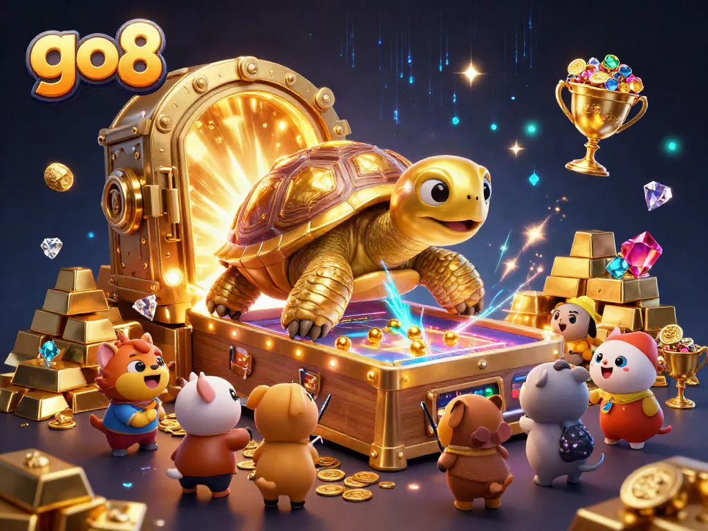 Engage with the go8 colossal tortoise in this exciting pinball casino scene, featuring treasures and lively gameplay.