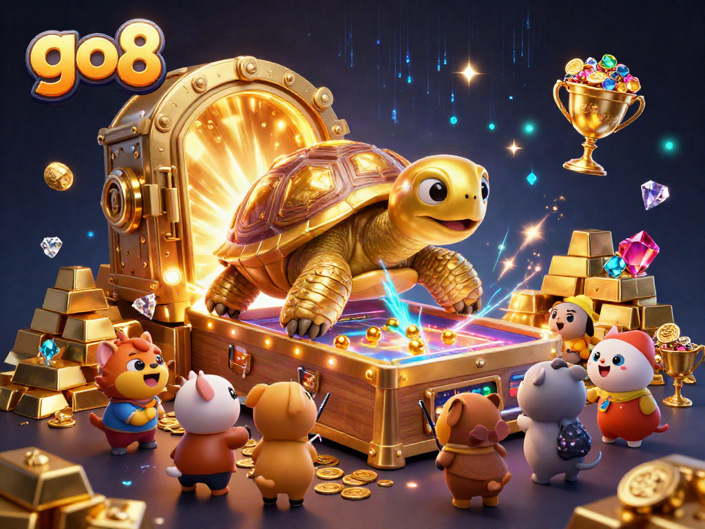 Engage with the go8 colossal tortoise in this exciting pinball casino scene, featuring treasures and lively gameplay.