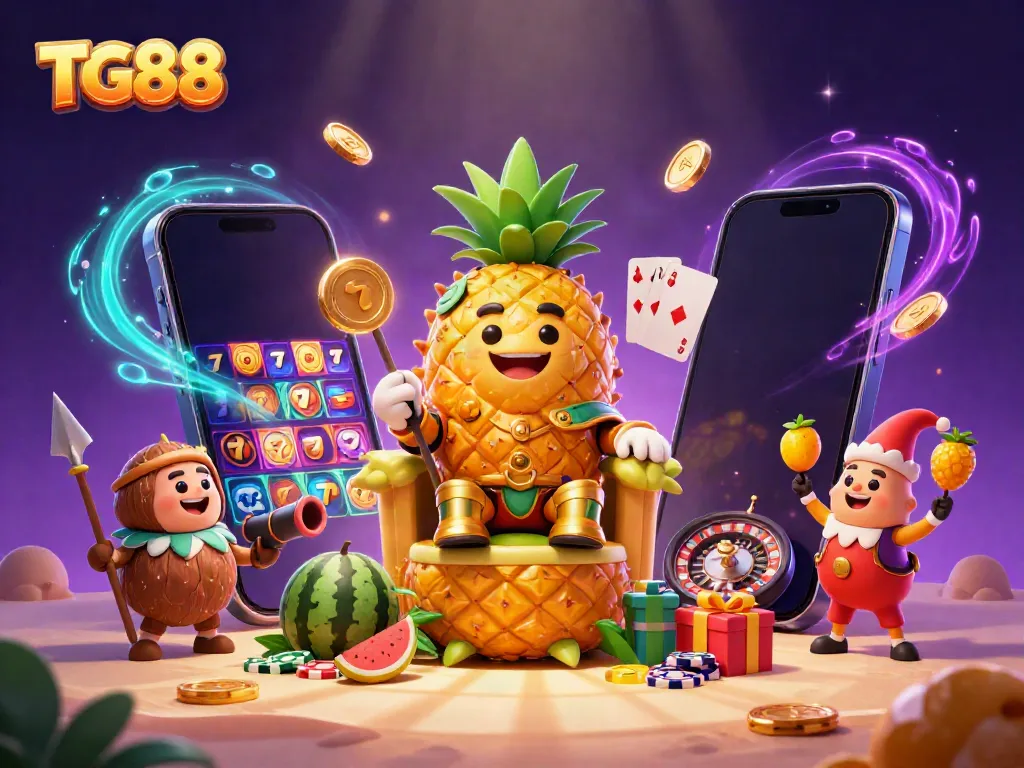Experience the vibrant TG88 casino world with a golden pineapple king, lively gameplay, and immersive surroundings.