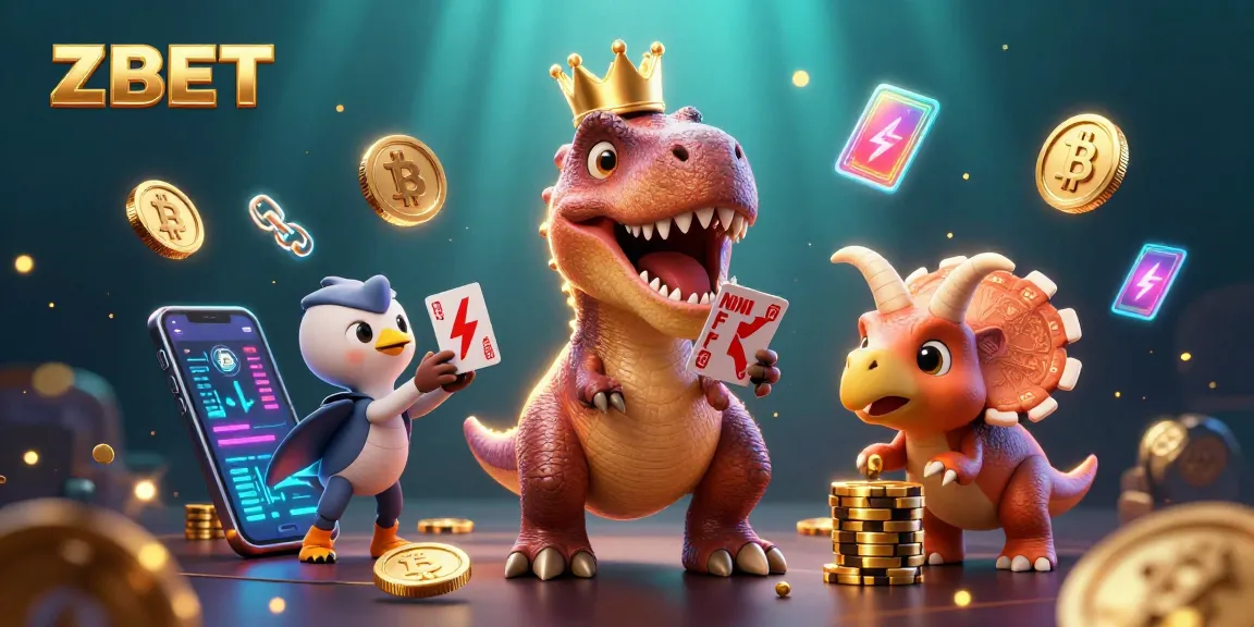 ZBET brings excitement as a cartoon T-Rex shuffles cards with coins and chips flying around