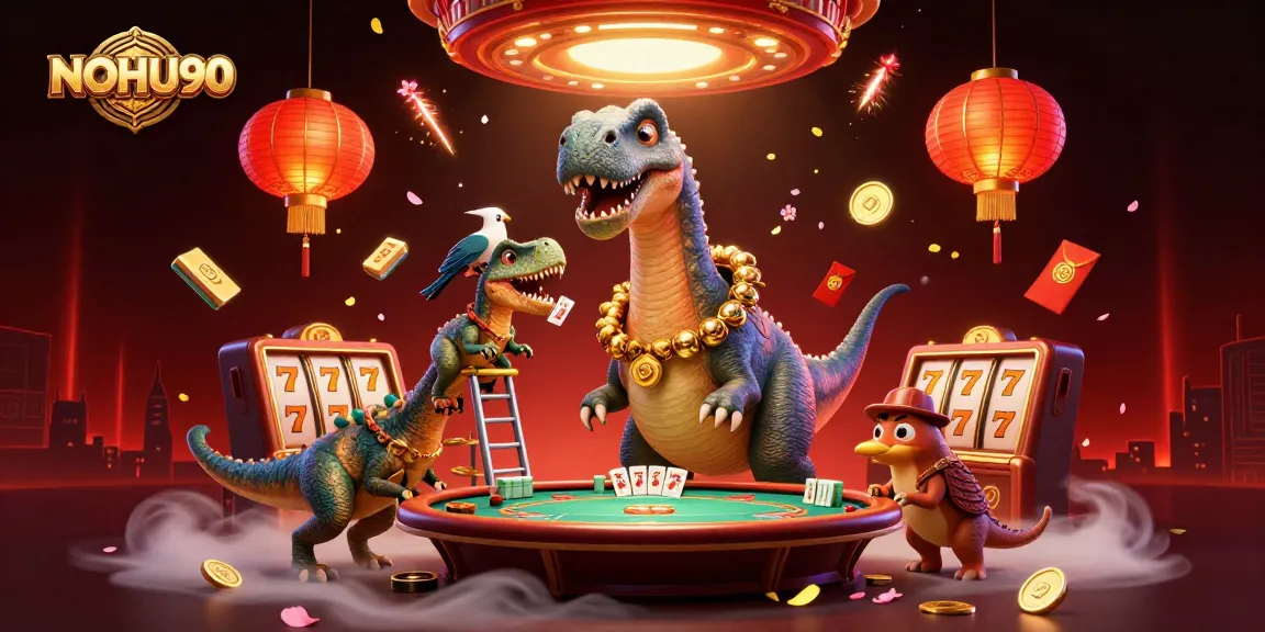 NOHU90 showcases a vibrant casino scene with a brontosaurus and raptor amidst slot games and festive elements.