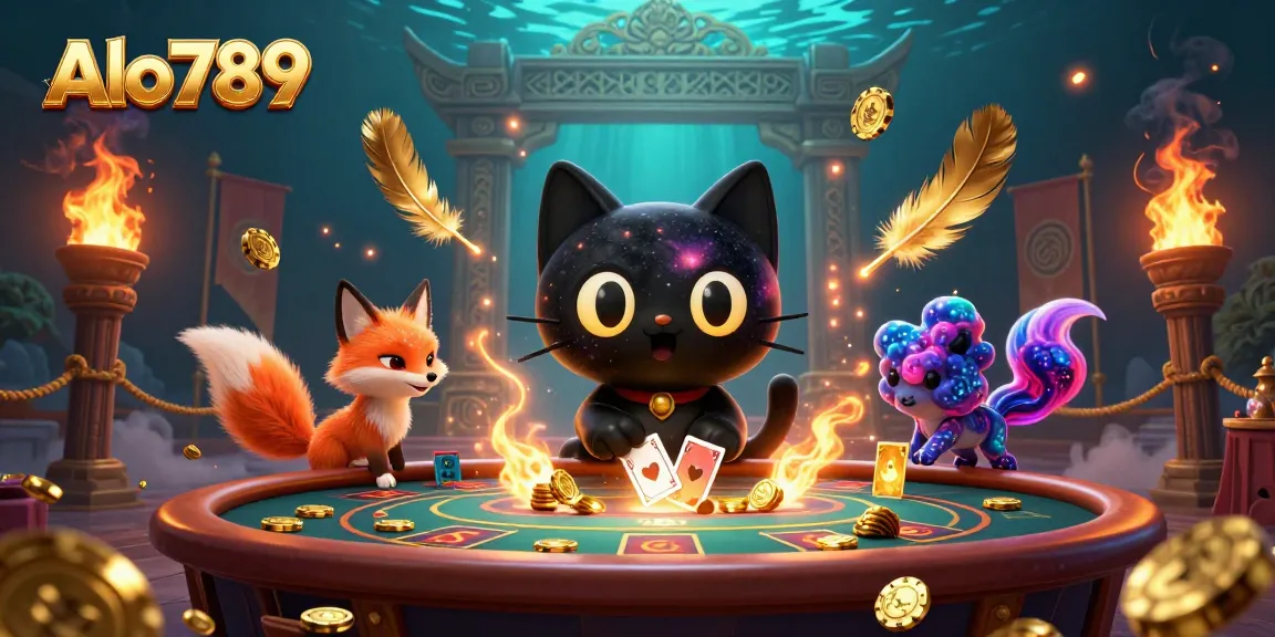 Alo789 showcases a captivating cosmic casino scene with a black hole cat and nebula fox engaging in thrilling gameplay.
