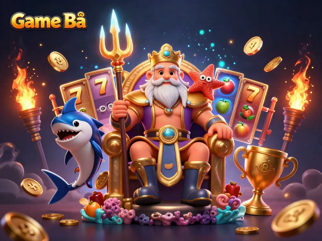 Engage in exhilarating Game Bài with vibrant casino elements led by Neptune's playful sea adventure.