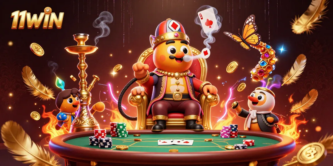 Experience thrilling poker gameplay with 11WIN's artistic gaming illustration featuring a cartoon caterpillar master.
