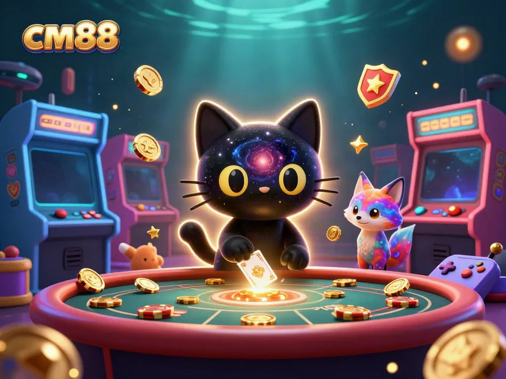 Engaging cm88 cosmic casino illustration featuring a black hole cat and nebula fox amidst glowing game elements.