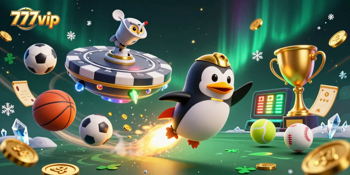 Experience thrilling gaming action with 777vip's golden penguin and dynamic sports elements!