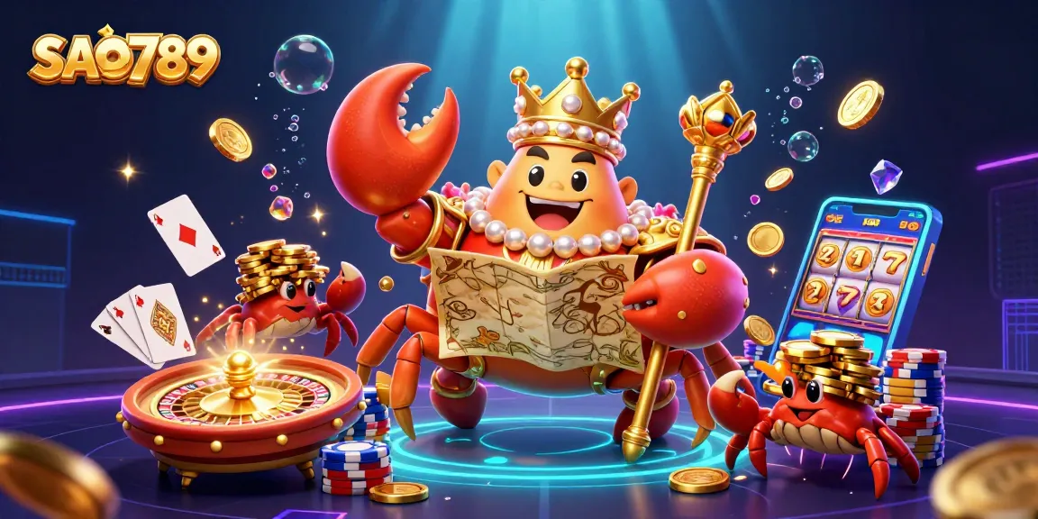 Shoot for jackpots with SAO789's enticing casino experience illustrated by a regal crab emperor.