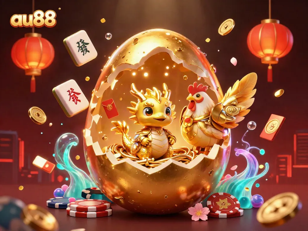 Witness the stunning launch of the golden baby dragon in au88's vibrant casino scene, surrounded by magical elements.