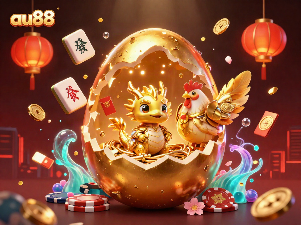 Witness the stunning launch of the golden baby dragon in au88's vibrant casino scene, surrounded by magical elements.