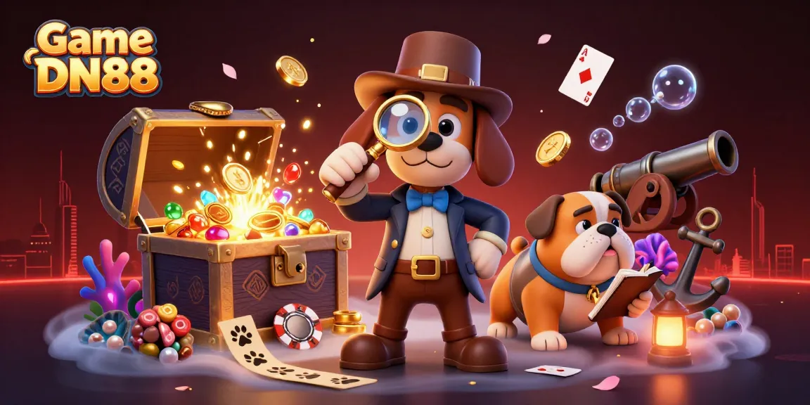 Engage with Game DN88 as a cartoon detective investigates a golden poker chip, surrounded by vibrant casino elements.