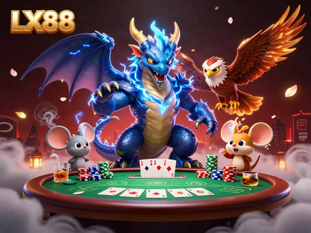 Experience the excitement of LX88 casino with a dynamic 3D dragon and poker scene.