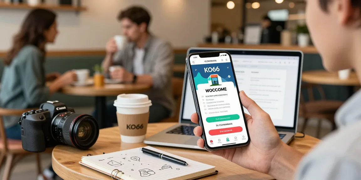 Discover KO66 app on smartphone in a vibrant café, showcasing user-friendly features.