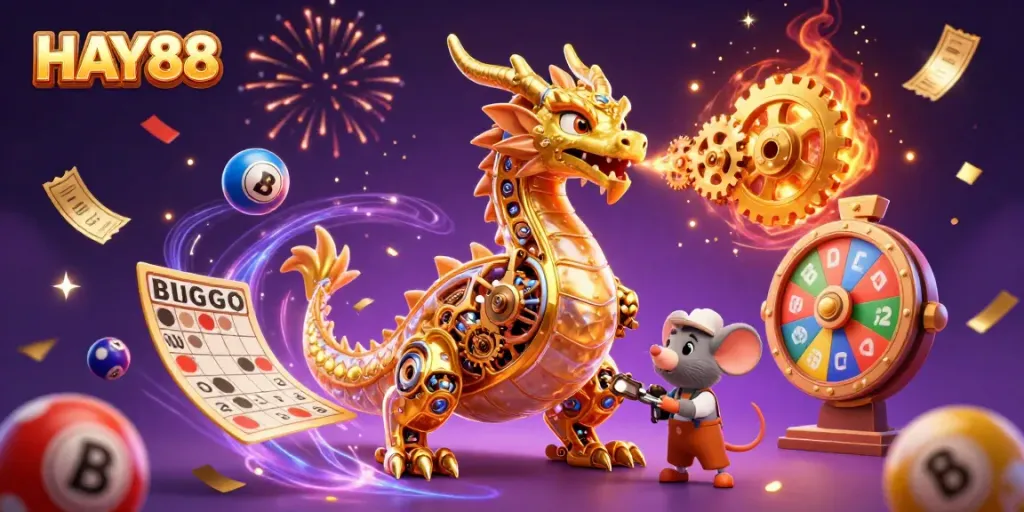 Experience HAY88's vibrant casino scene with a golden dragon and dynamic game elements.