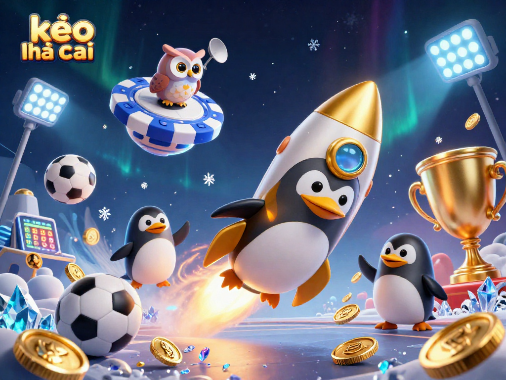 Experience thrilling action in kèo nhà cái as a golden penguin soars toward a casino space station.