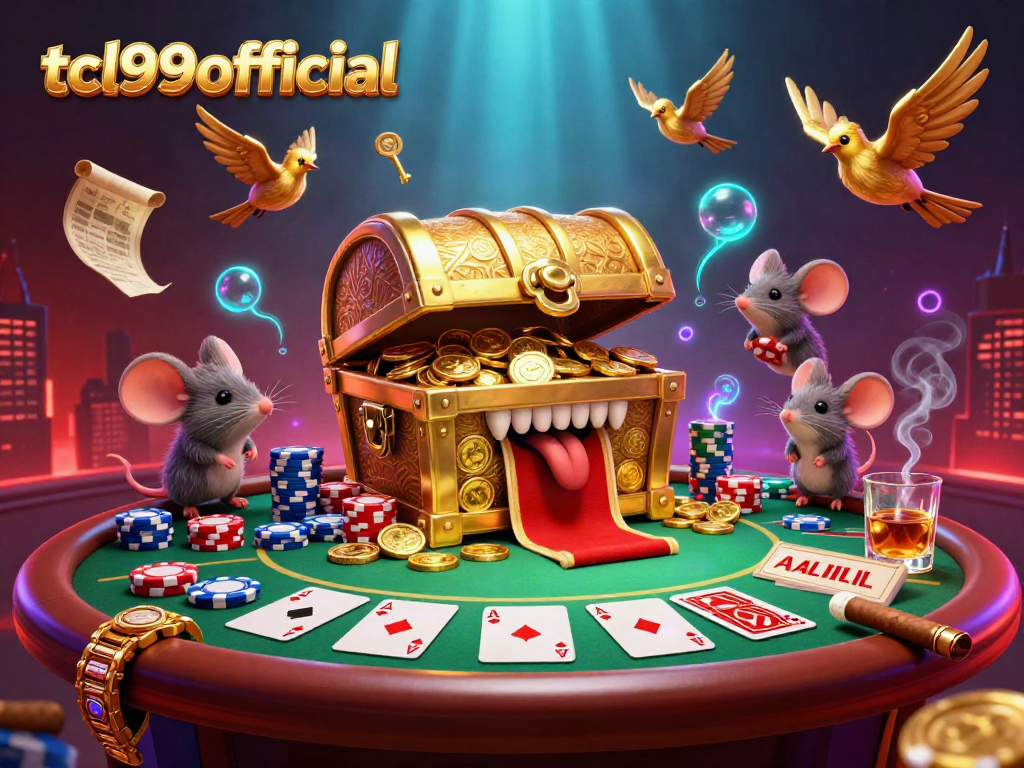 Engage with the excitement of tcl99official's vibrant casino world featuring animated treasure chests and poker elements.