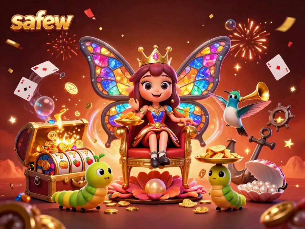 Experience the thrilling excitement of safew with vibrant characters and dazzling casino elements in a dynamic 3D illustration.