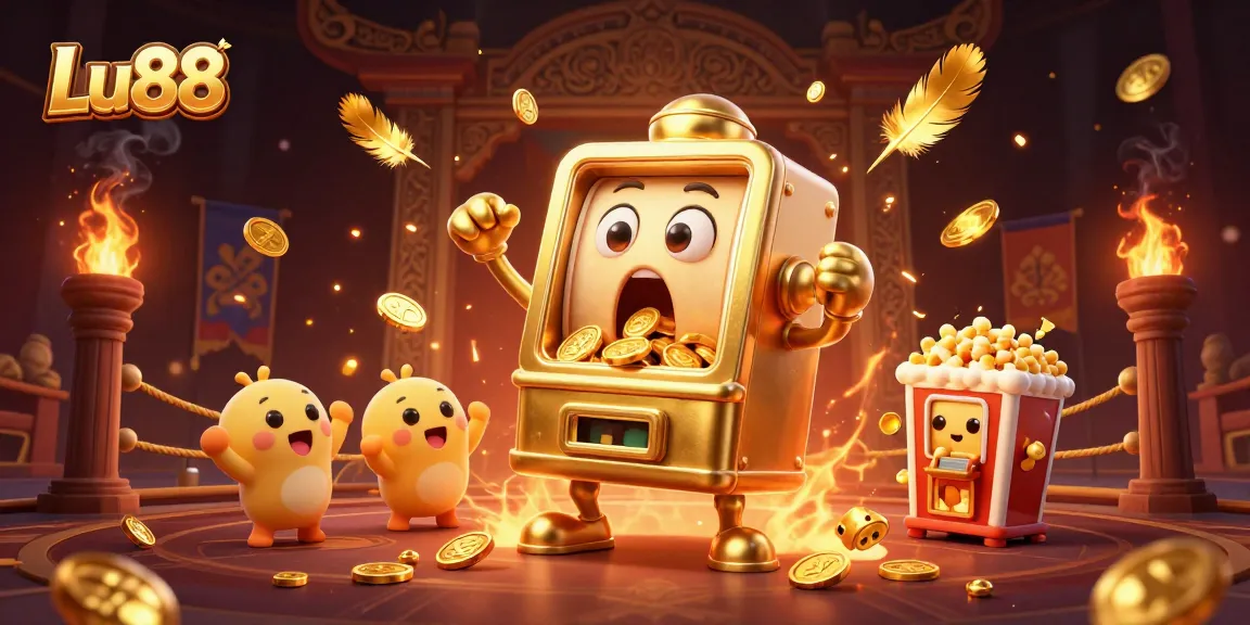 Lu88 slot machines celebrate a jackpot with coins and exciting elements in a vibrant casino atmosphere.