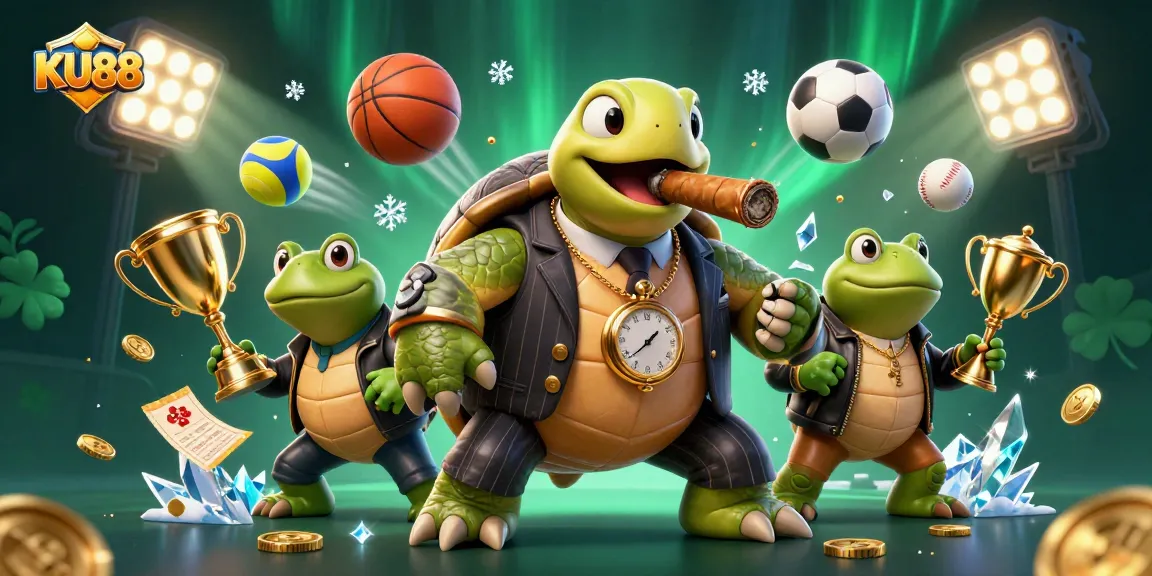 Join the fun at KU88 with a lively casino scene featuring a snapping turtle and bullfrog enforcers.