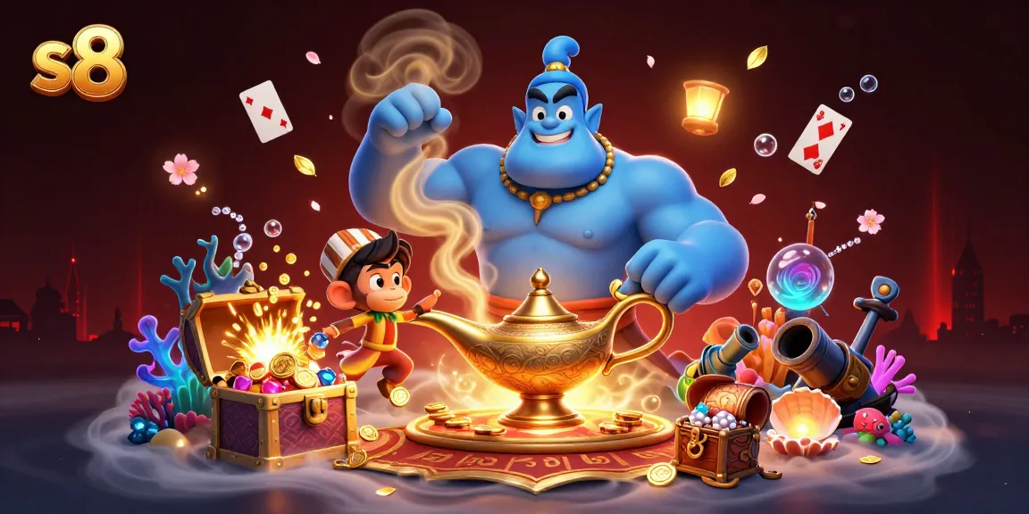 Experience thrilling action at s8 with a dynamic casino scene featuring a powerful genie, poker chips, and treasure!