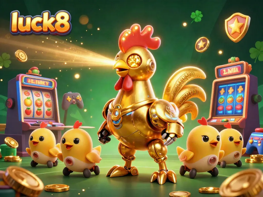 Experience the excitement of luck8 with dynamic casino-themed 3D illustrations of a golden rooster robot and drones.
