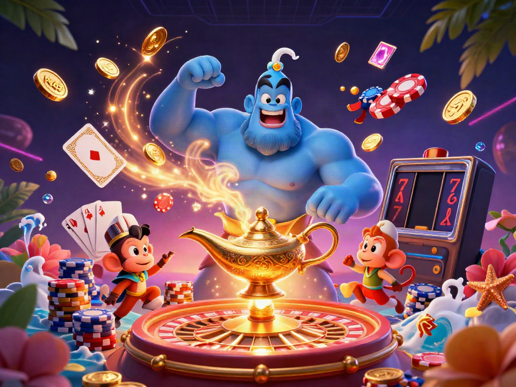 Experience dynamic casino action with tx88's genie and monkey on a magic carpet in a vibrant illustration.