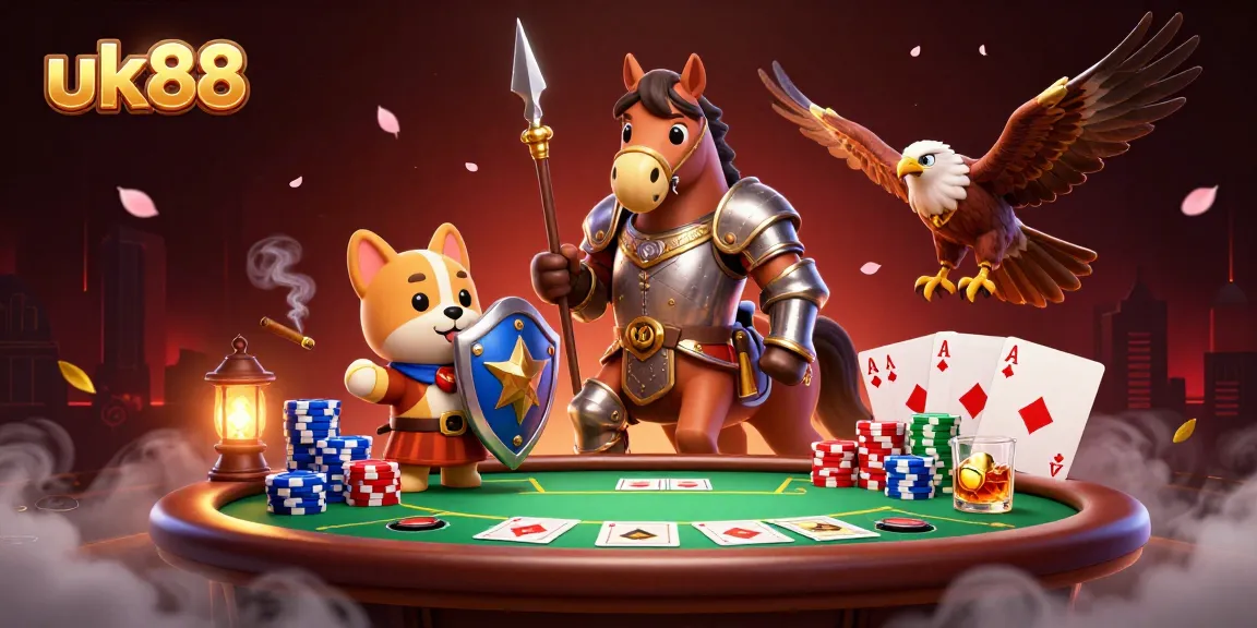 Join the excitement at uk88 with this lively poker scene featuring a medieval knight, playful puppy, and falcon.