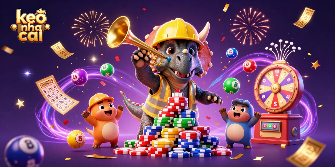 Engage with keo nha cai as a 3D cartoon triceratops builds a poker chip pyramid amidst a festive gambling celebration.