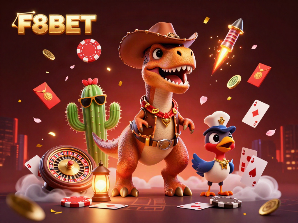 Join the excitement at F8BET casino with this vibrant 3D illustration showcasing action, games, and fun.