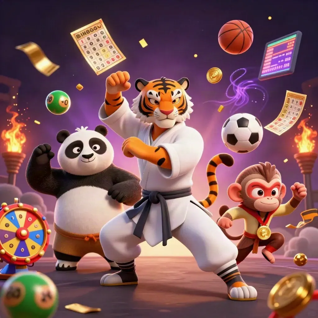 Kung-fu tiger, panda, and monkey amid casino props, lottery balls, and dramatic golden light.
