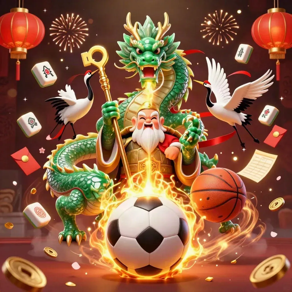 Emerald dragon, turtle sage and cranes amid casino props, gold fire and confetti.