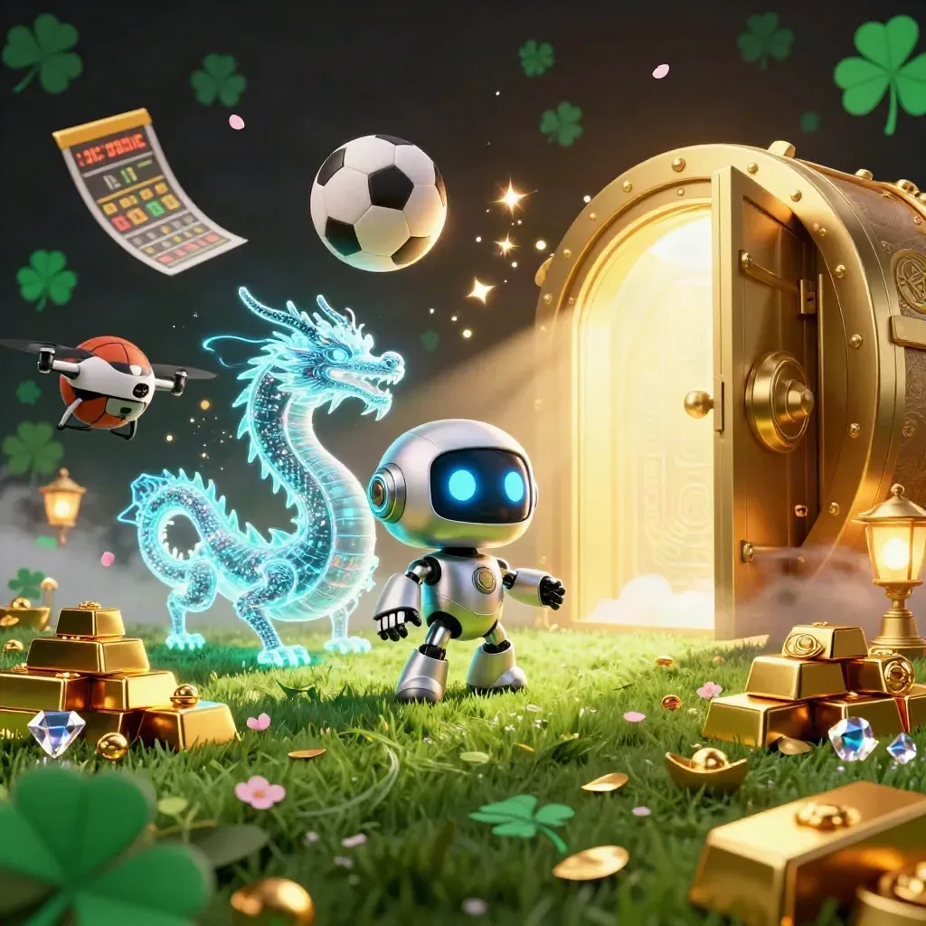 Chrome robot, holographic dragon and coin drone amid exploding vault gold, balls and turf at ground level.