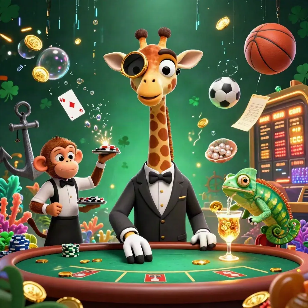 Luxury casino animals in a treasure cove with gold coins, cards, balls and neon light.