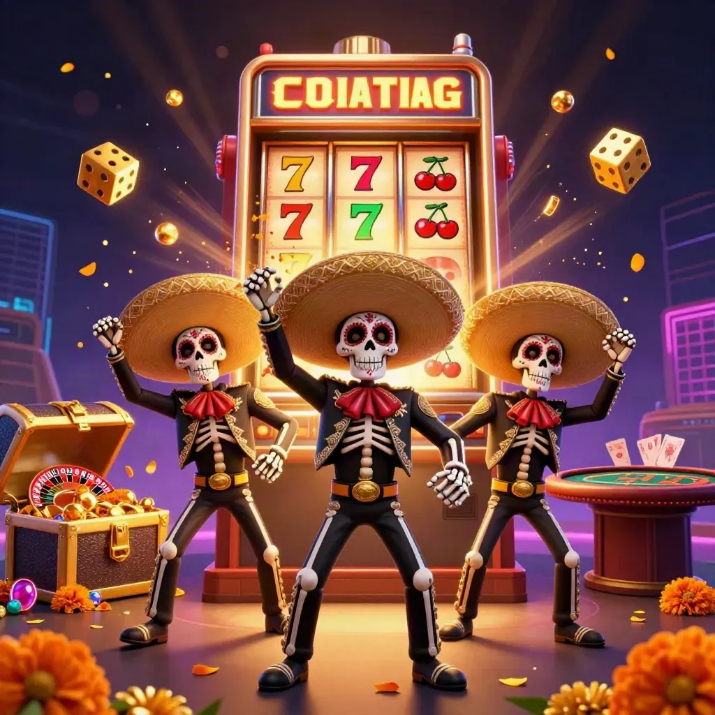Skeleton mariachi trio amid slot burst, roulette spin, gold coins, and neon casino light