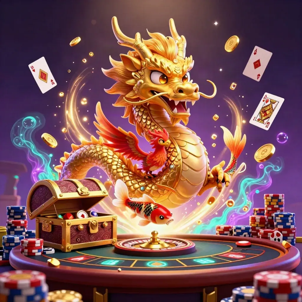 Golden dragon, phoenix, koi, coins, cards, chips, and roulette wheel in neon casino glow.